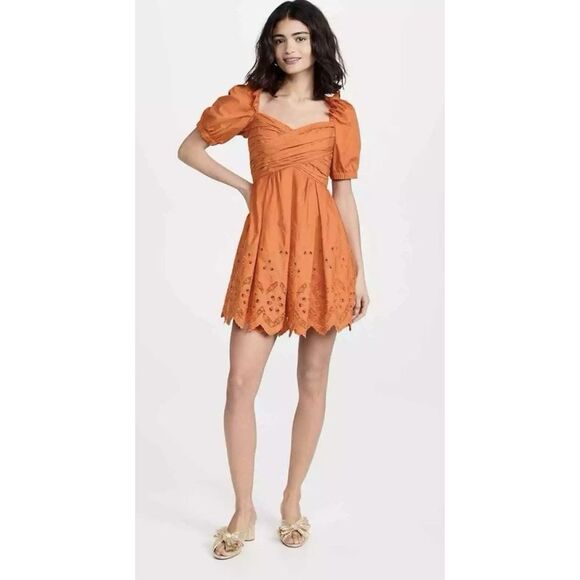 Self-Portrait Dresses & Skirts - Self Portrait Cinnamon Floral Broderie Puff Sleeve Scallop Mini Dress Size 2
